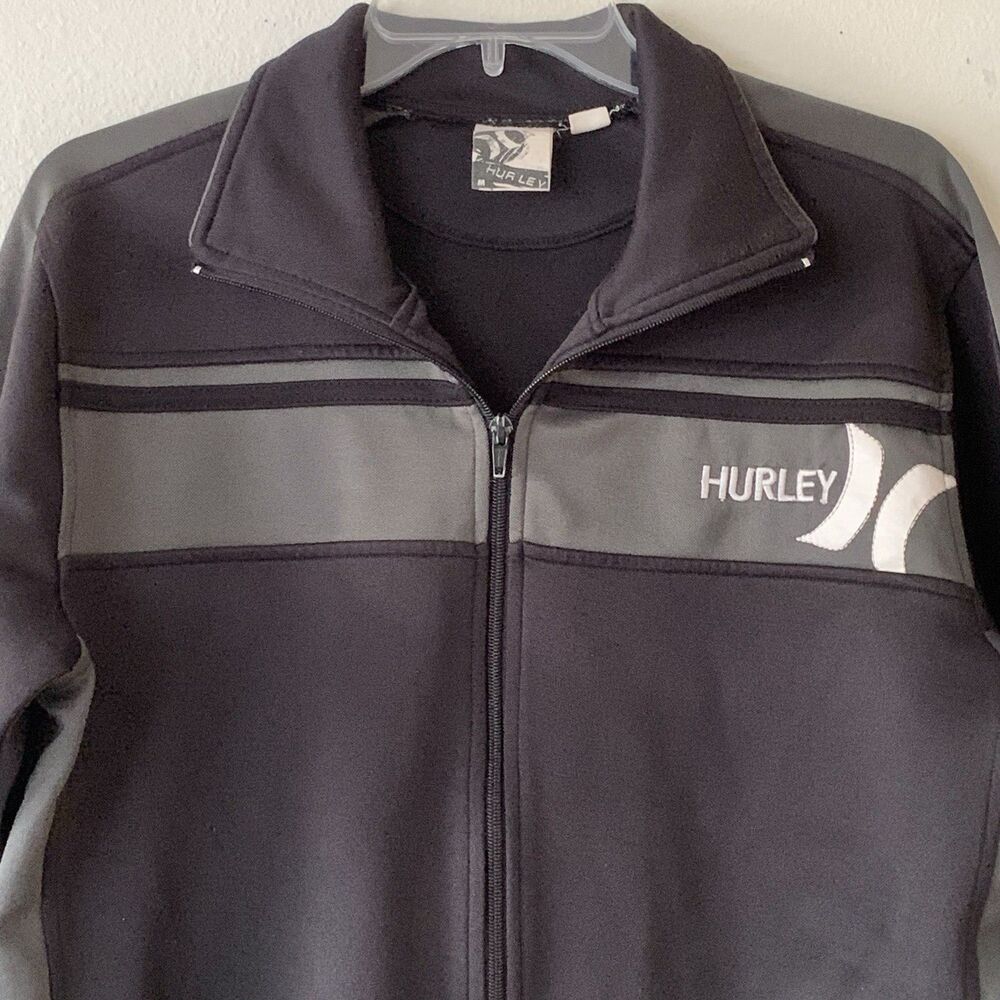 Hurley Mens Vintage Y2K Full Zip Track Jacket Black Grey Colorblock Logo Medium